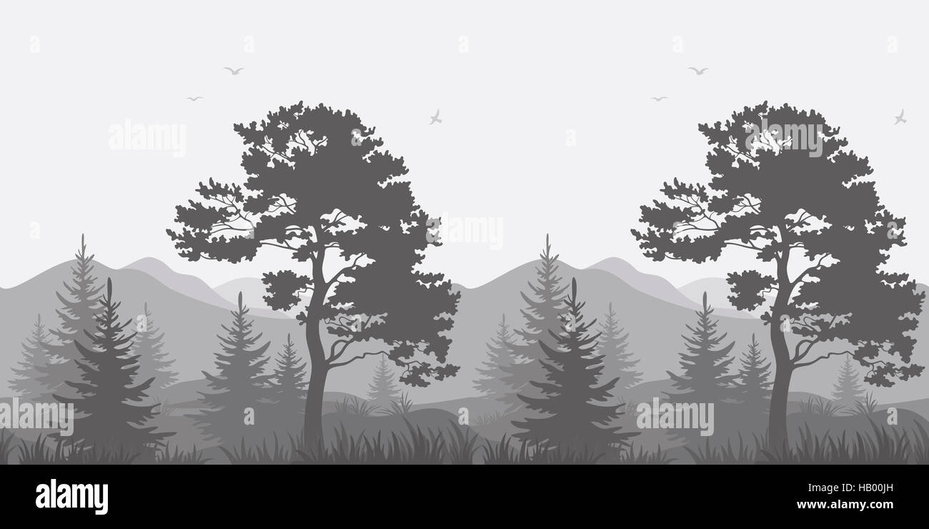 Mountain landscape with trees and birds Stock Photo - Alamy