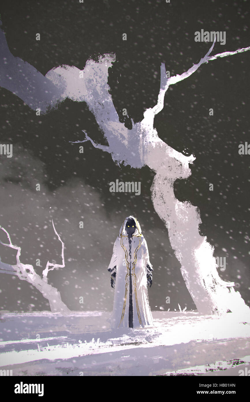 the white cloak standing in winter scenery with white trees,illustration painting Stock Photo
