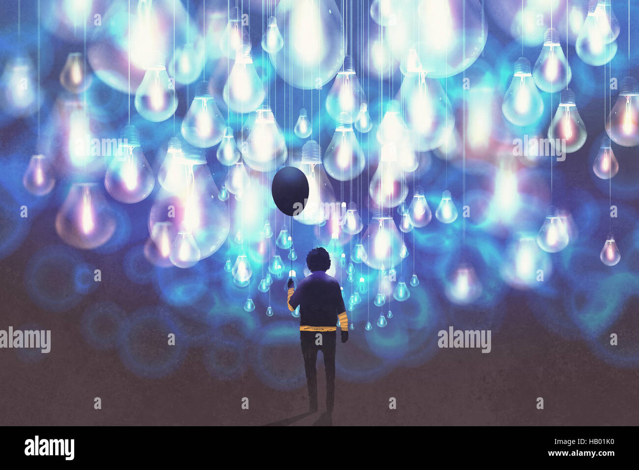 man with black balloon among a lot of glowing blue light bulbs,illustration painting Stock Photo