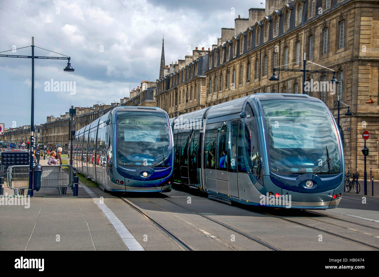 Public transport tram system in old Bordeaux, France, Europe Stock Photo