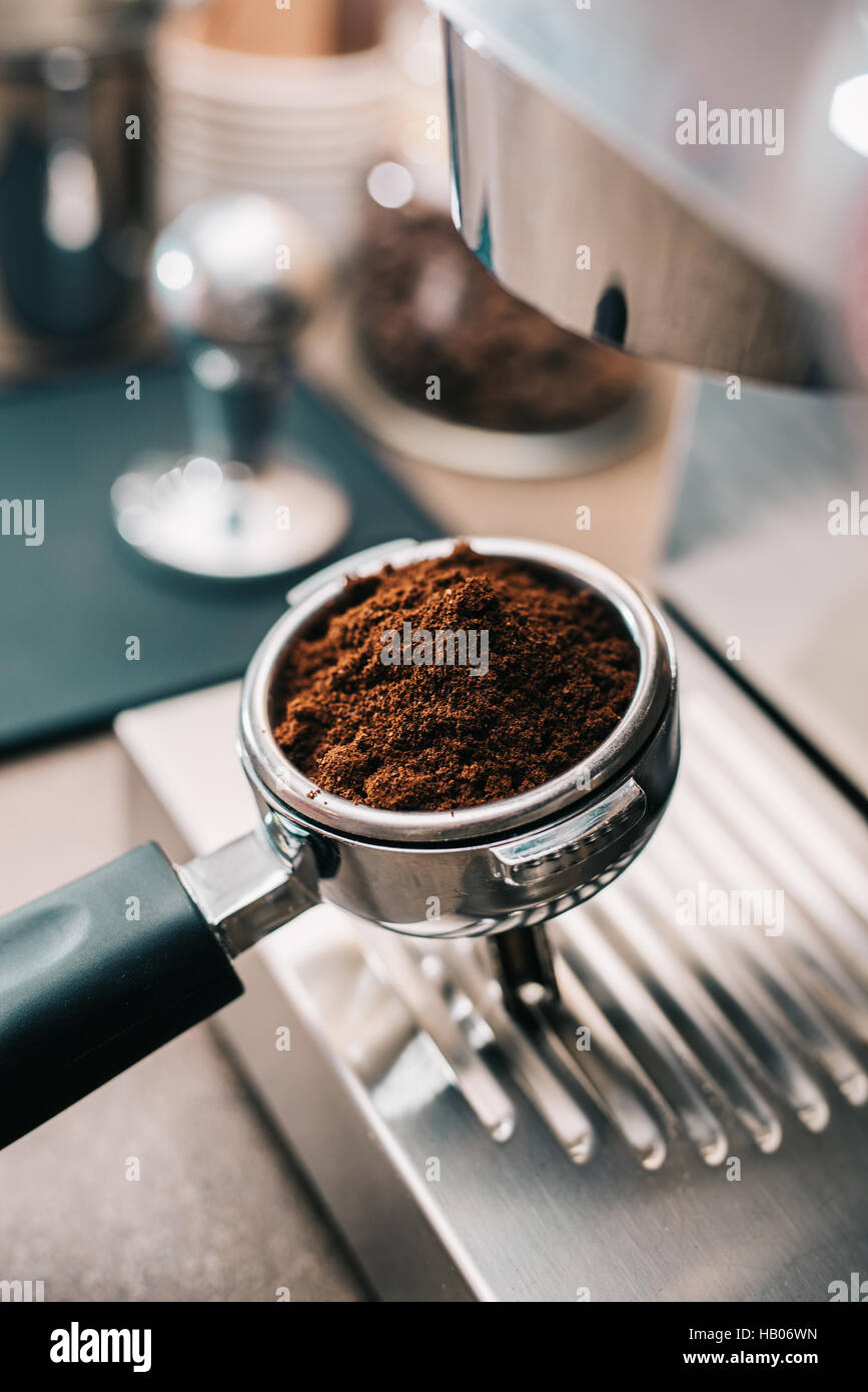Freshly ground coffee in portafilter Stock Photo Alamy