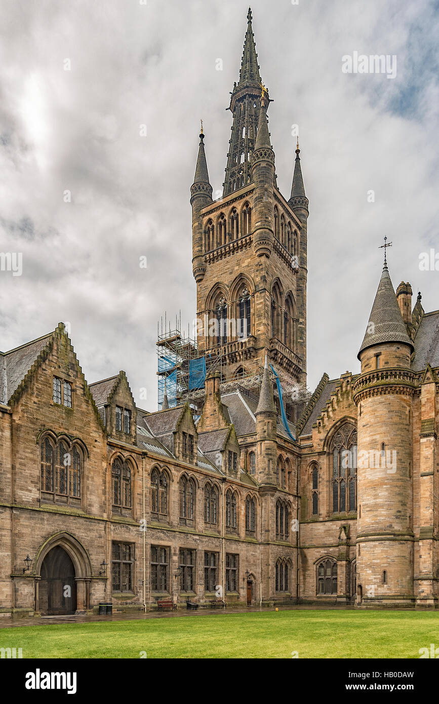 A view of the Glasgow university belltower from the courtyard next to the main victorian building. Stock Photo