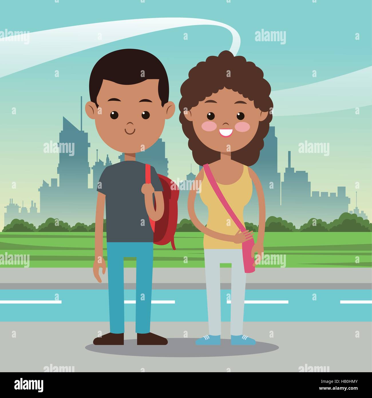 boy and girl students multiethnic urban background Stock Vector