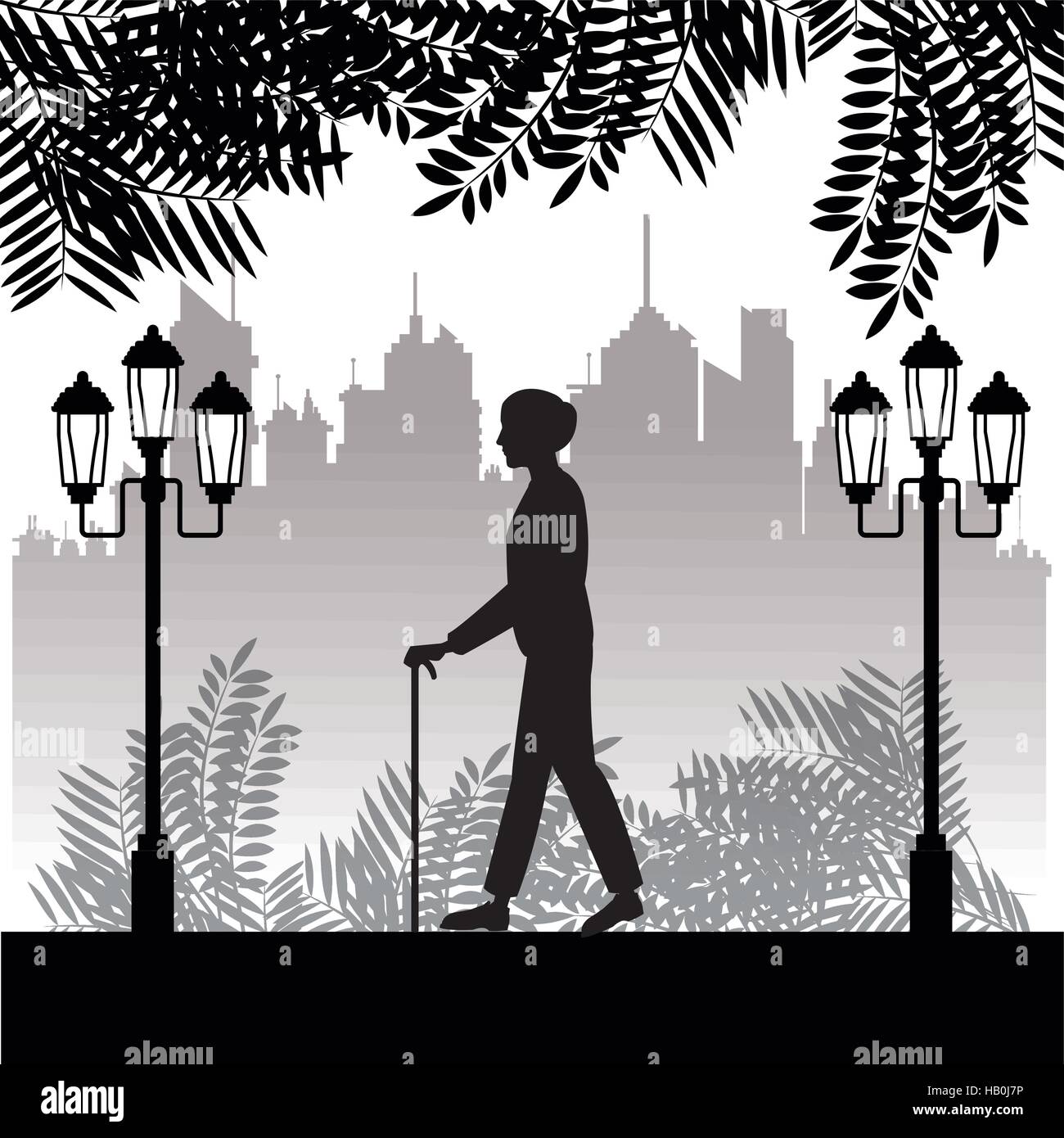 silhouette elder man walk stick park twon background Stock Vector Image ...