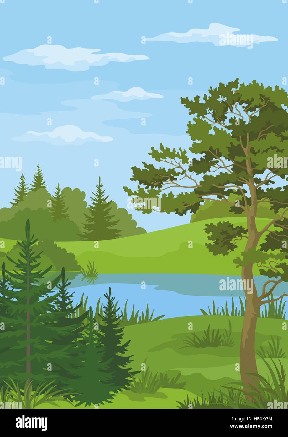Landscape with Trees and River Stock Photo - Alamy