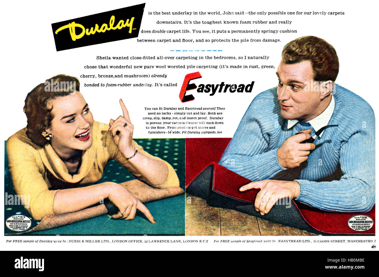 1956 British advertisement for Duralay carpet underlay and Easytread  carpets Stock Photo - Alamy