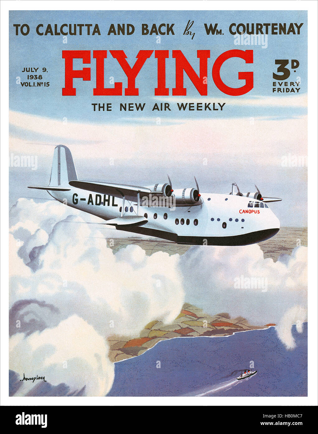 Front cover of Flying magazine for 9th July 1938 with an illustration by Howard Leigh of a Short Empire flying boat Stock Photo