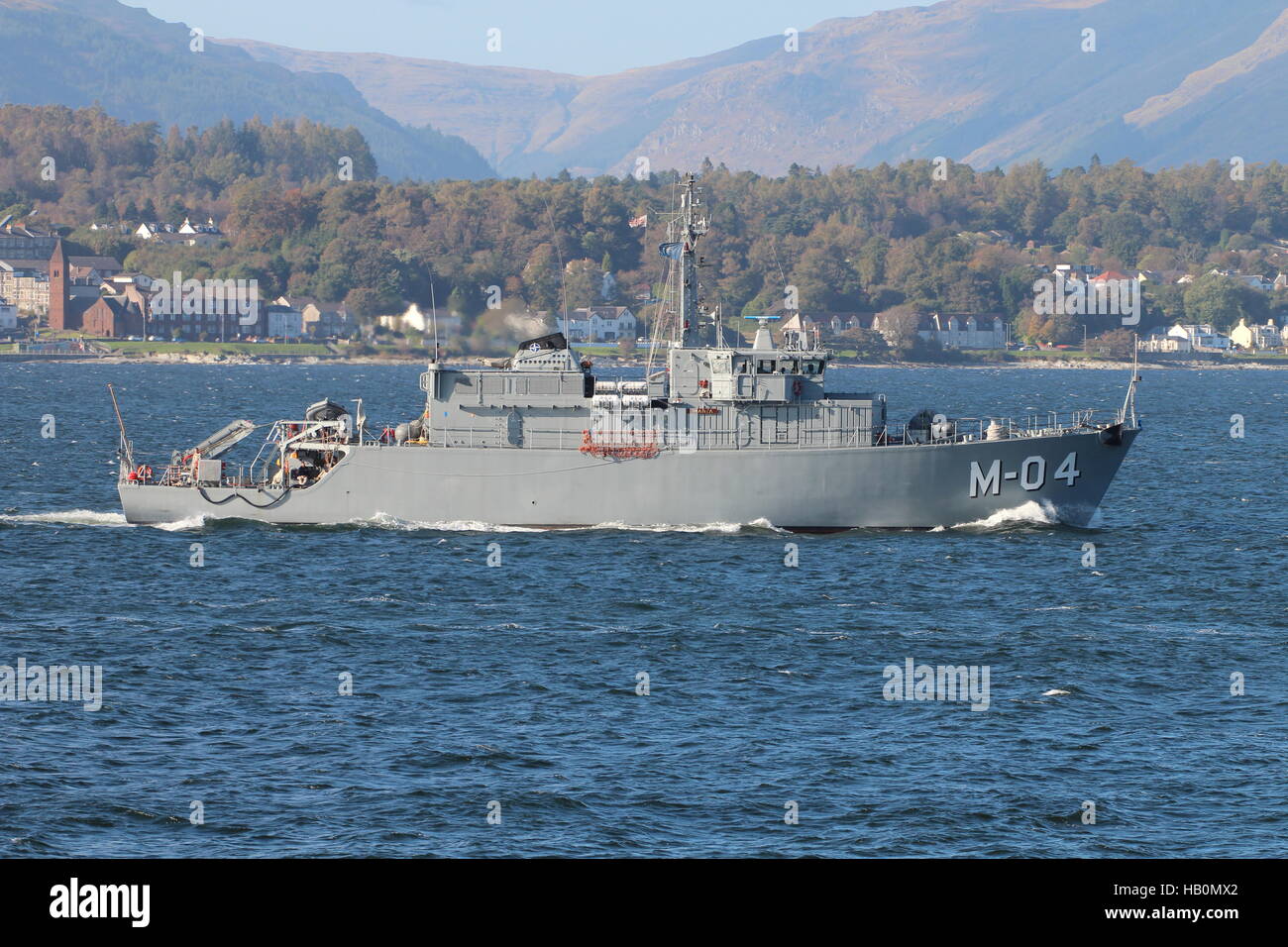 LVNS Imanta (M-04), an Alkmaar-class mine countermeasures vessel of the Latvian Navy, arriving for Exercise Joint Warrior 16-2. Stock Photo