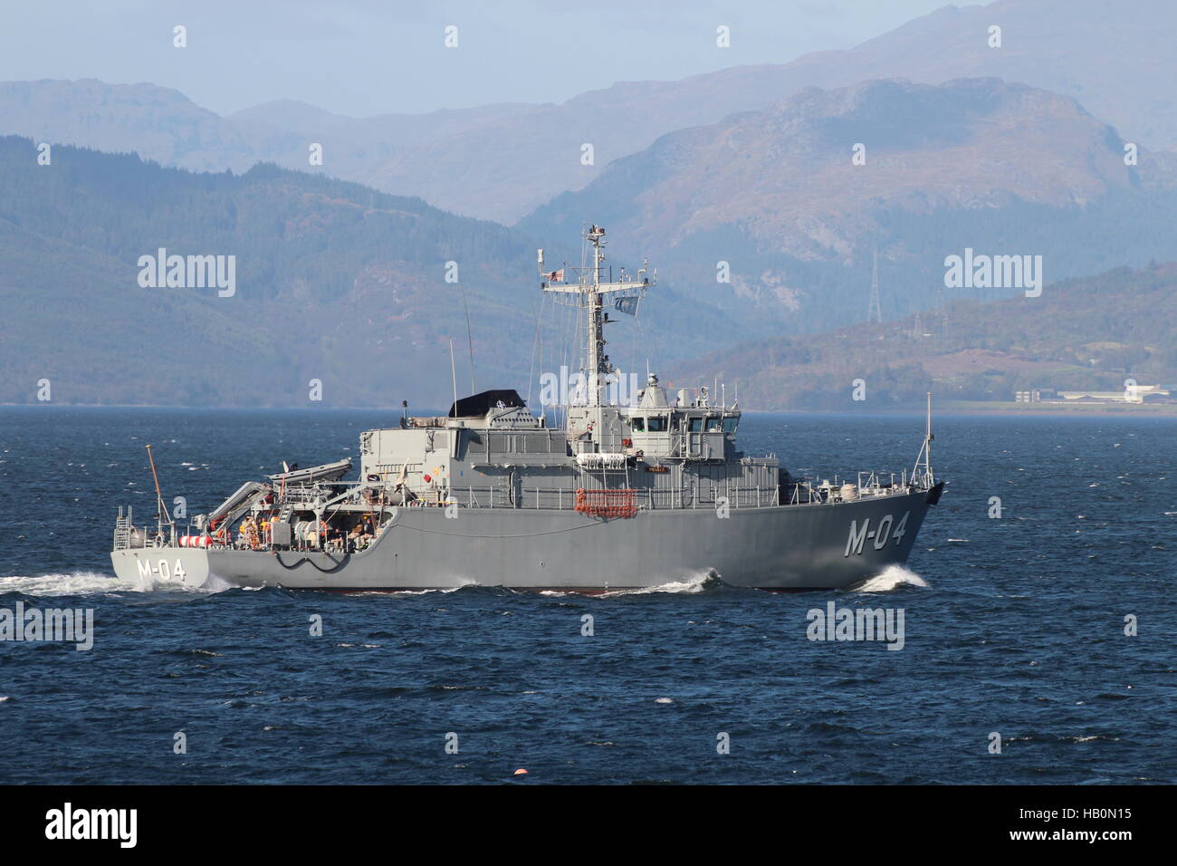 LVNS Imanta (M-04), an Alkmaar-class mine countermeasures vessel of the Latvian Navy, arriving for Exercise Joint Warrior 16-2. Stock Photo