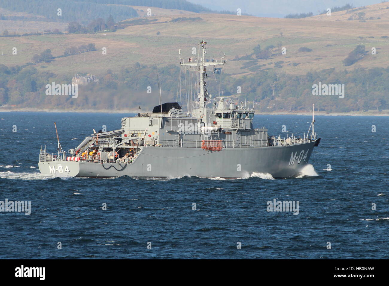 LVNS Imanta (M-04), an Alkmaar-class mine countermeasures vessel of the Latvian Navy, arriving for Exercise Joint Warrior 16-2. Stock Photo