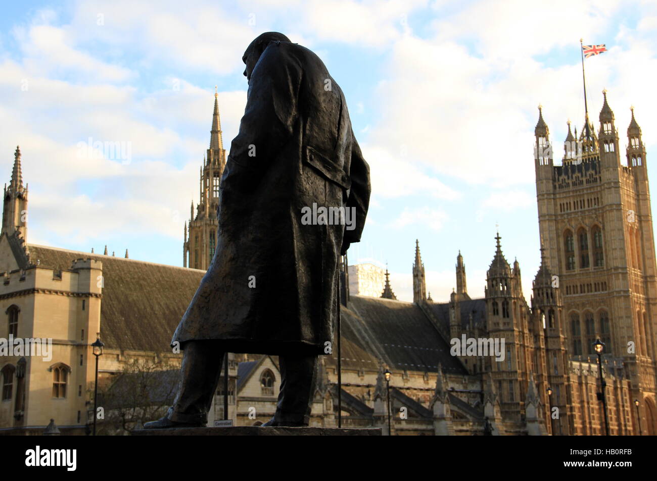 Statue of Winston Spencer Churchill opposite The Houses of Parliament. Stock Photo