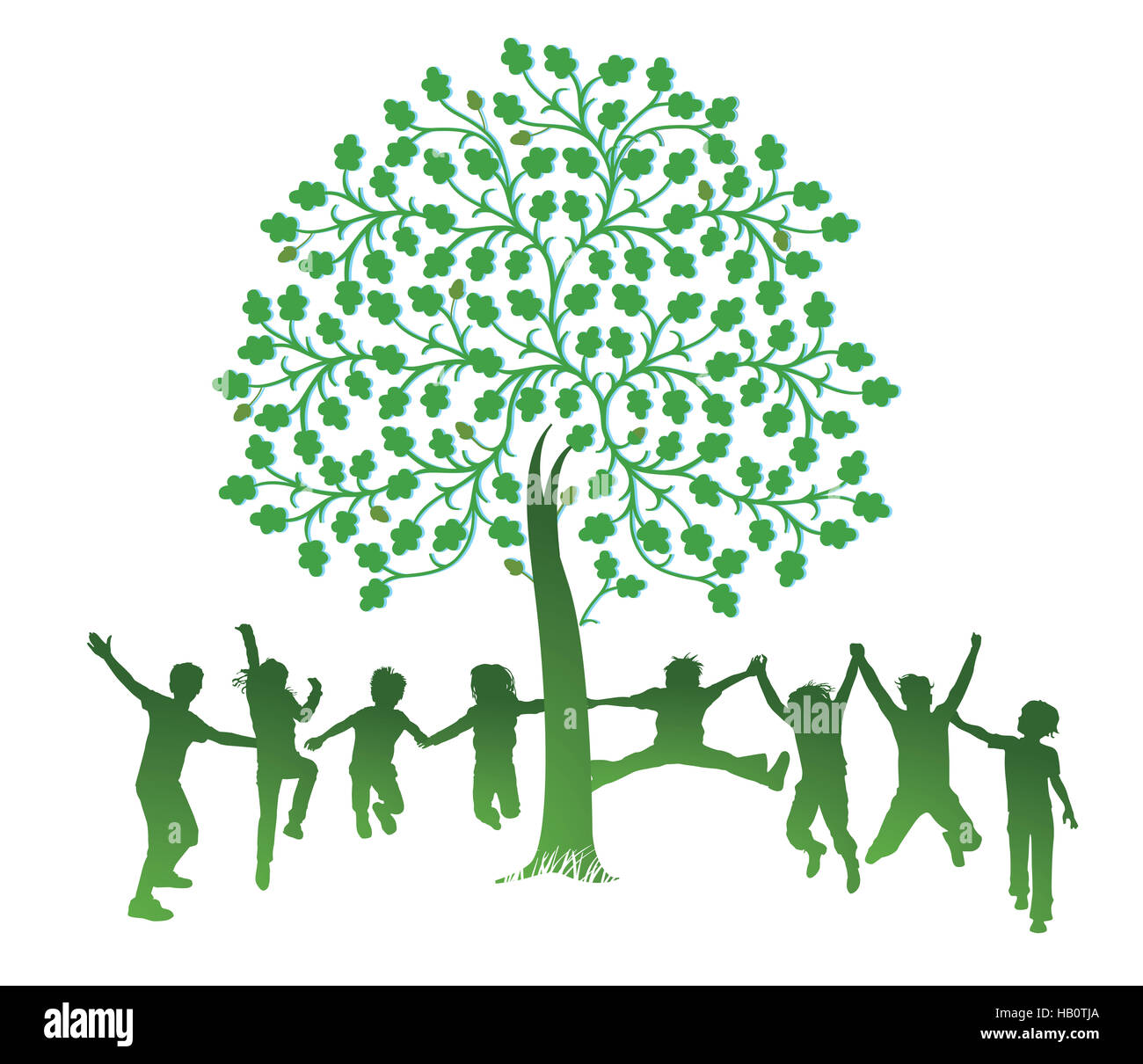 Children jump around a tree Stock Photo