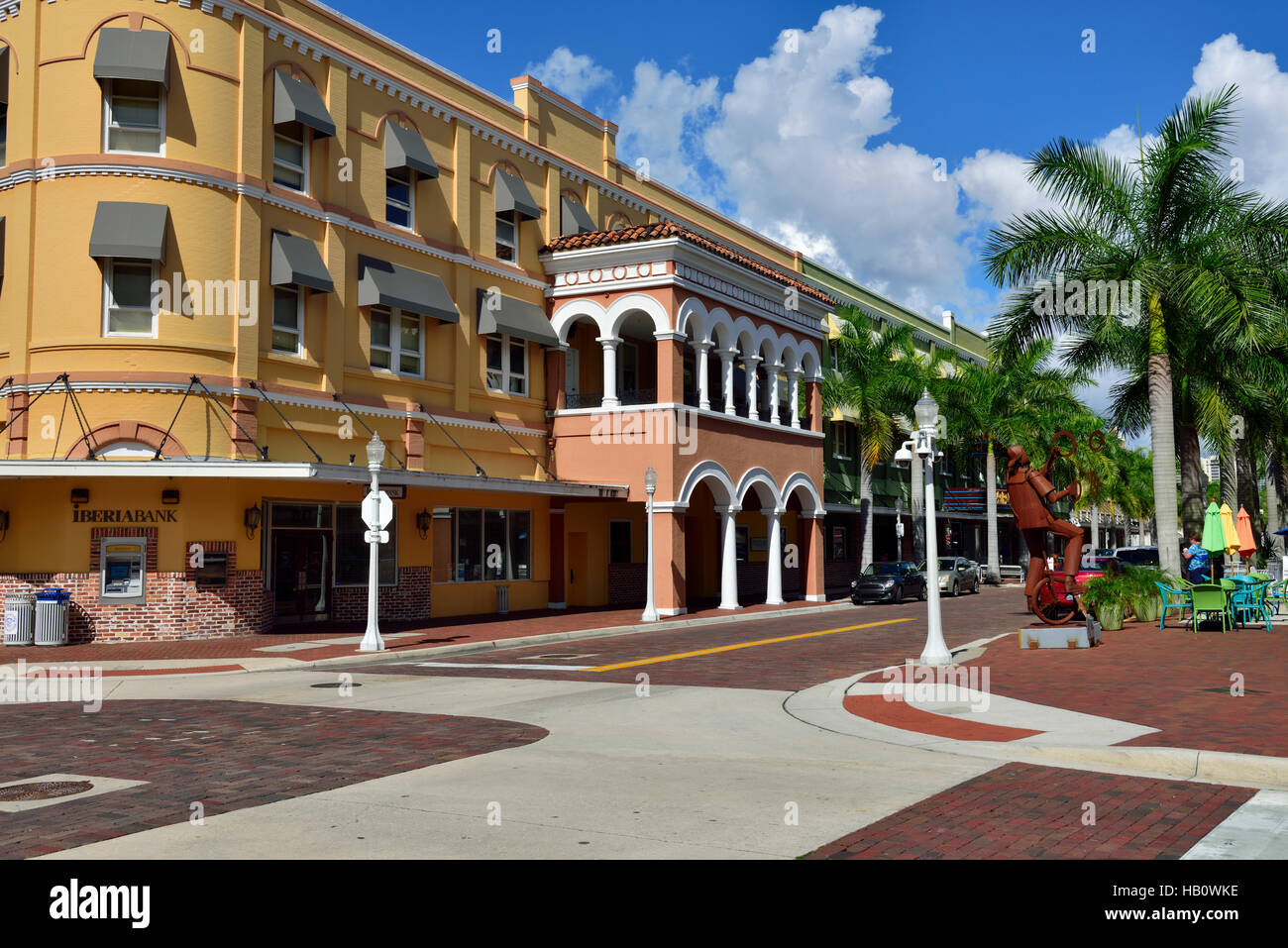 Brick paved streets and sidewalks in downtown Fort Myers, Florida with shops and offices Stock Photo