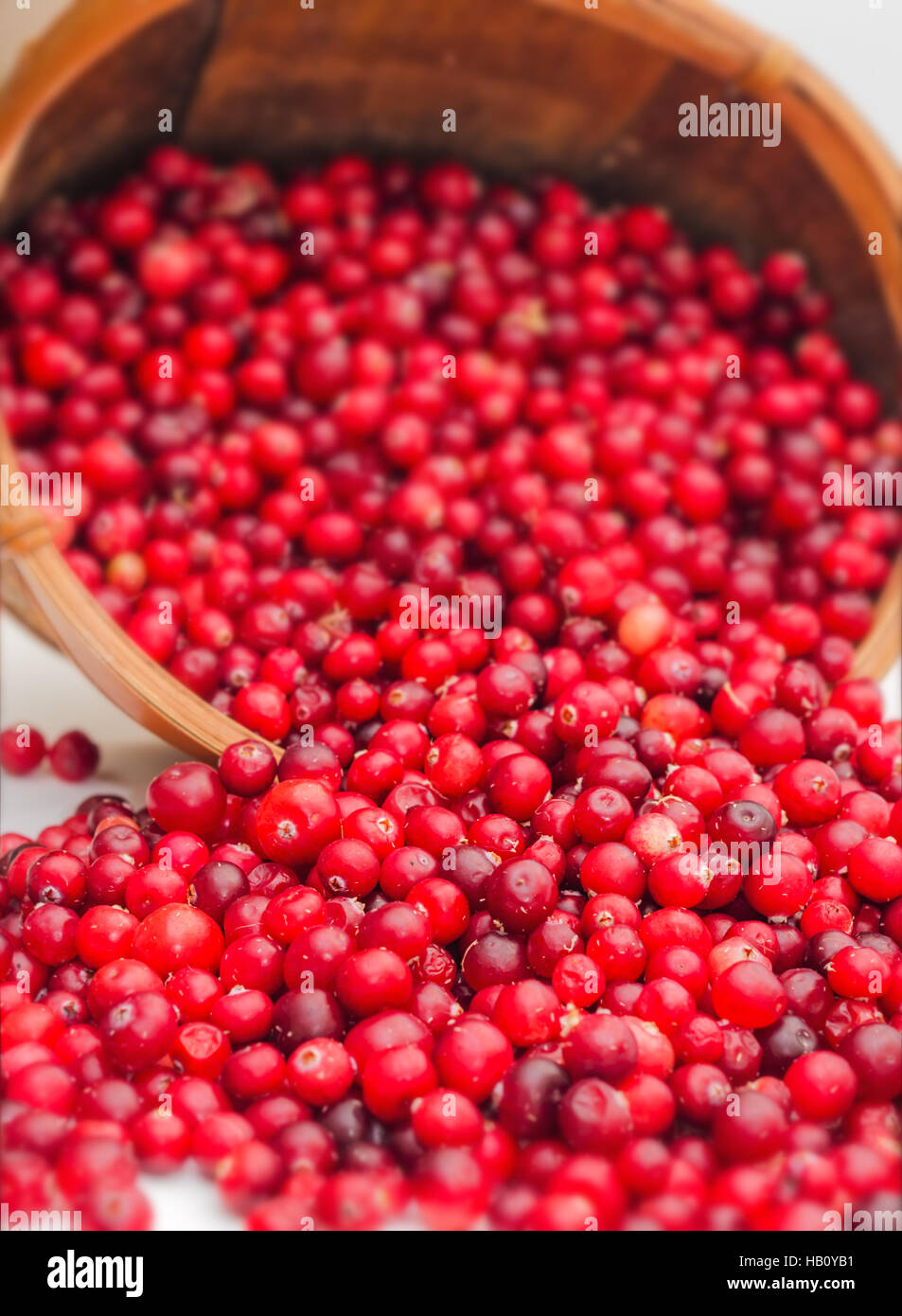 Spilled cranberries from basket, selective focus. Stock Photo