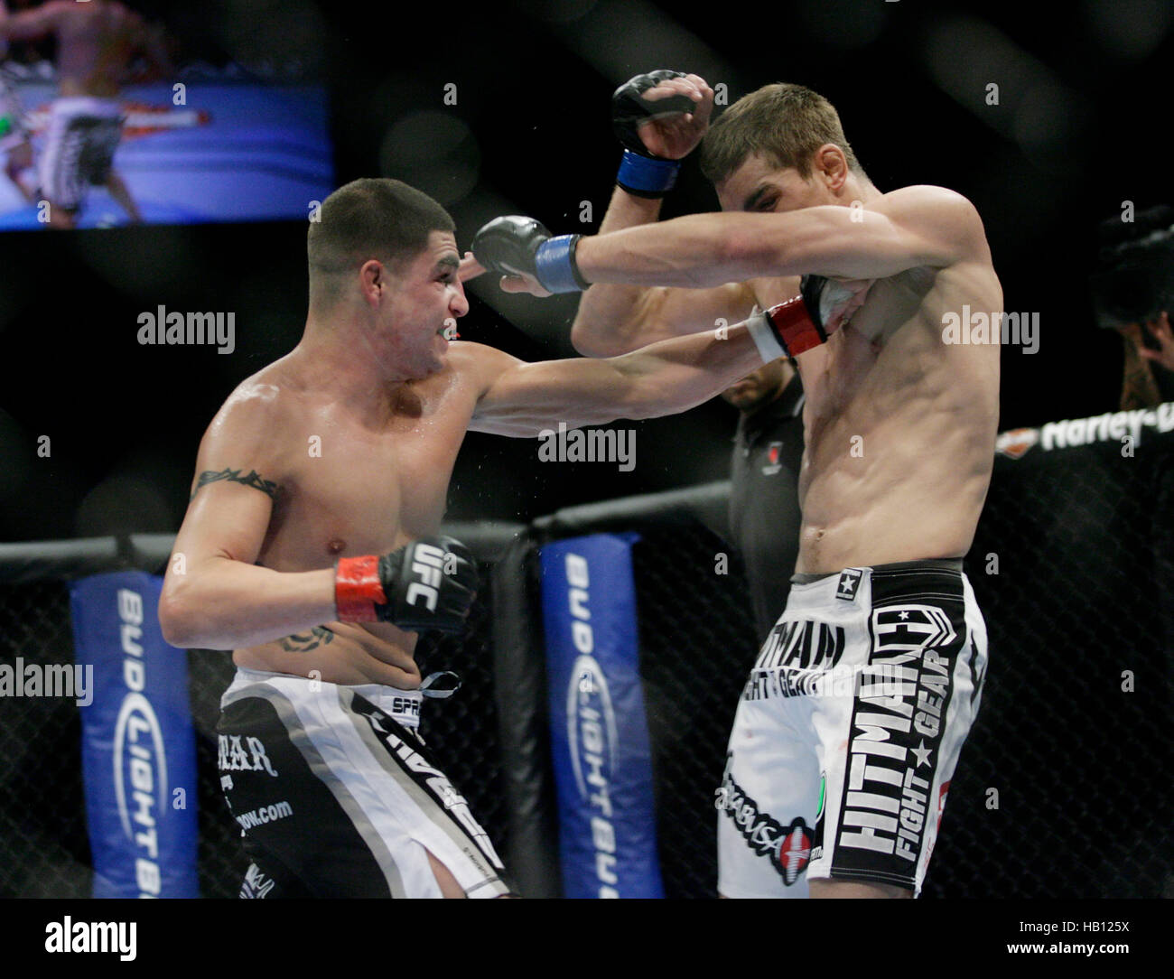 UFC fighter John Hathaway, right, fights Diego Sanchez at UFC 114 on May 29, 2010 in Las Vegas