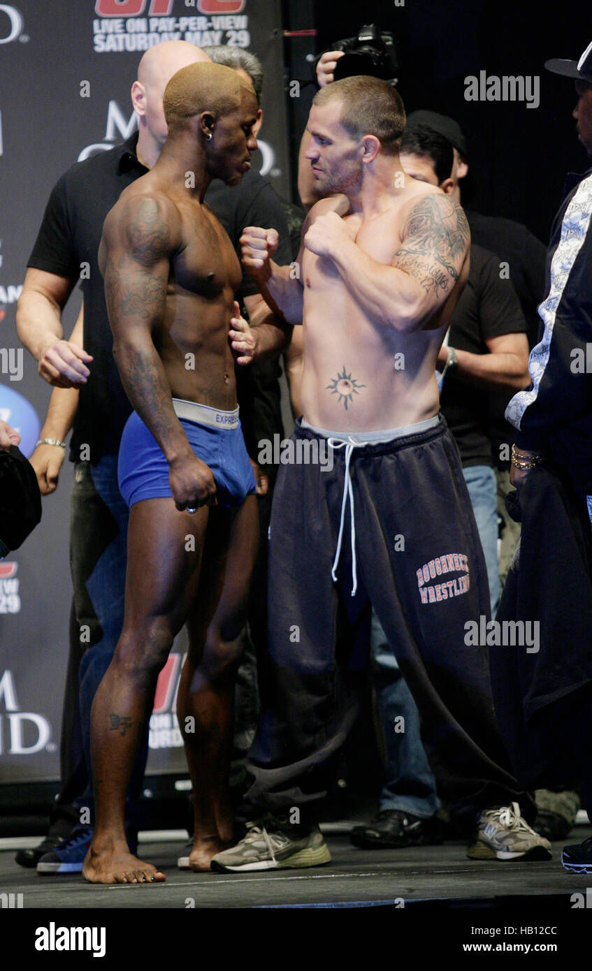 UFC fighter Melvin Guillard, left, and Waylon Lowe during the weigh in before UFC 114 on May 28, 2010 in Las Vegas, Nevada. Photo by Francis Specker Stock Photo