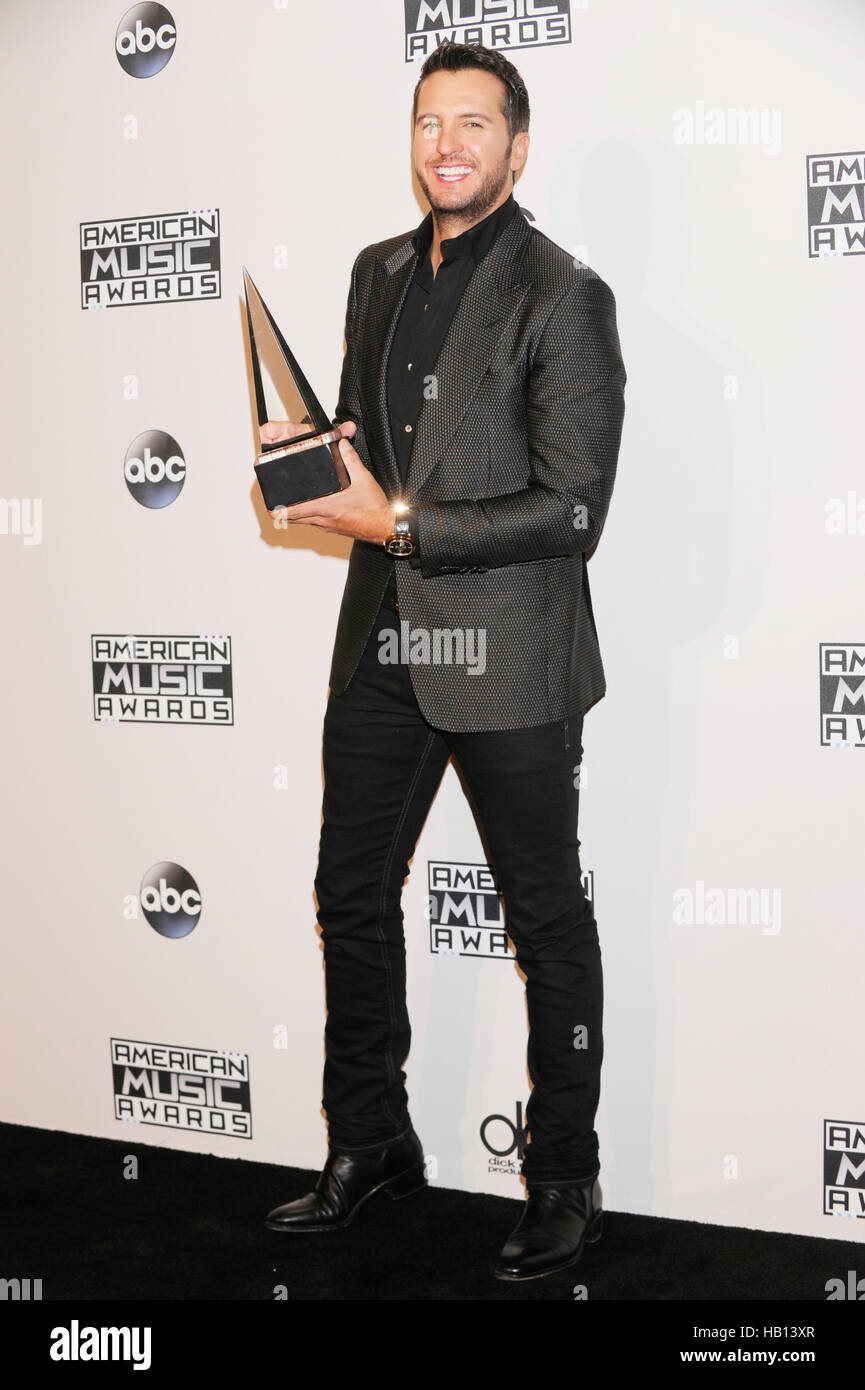 Singer Luke Bryan attends the press room for the American Music Awards at Nokia Theatre L.A. Live on November 23, 2014 in Los Angeles, California. Stock Photo