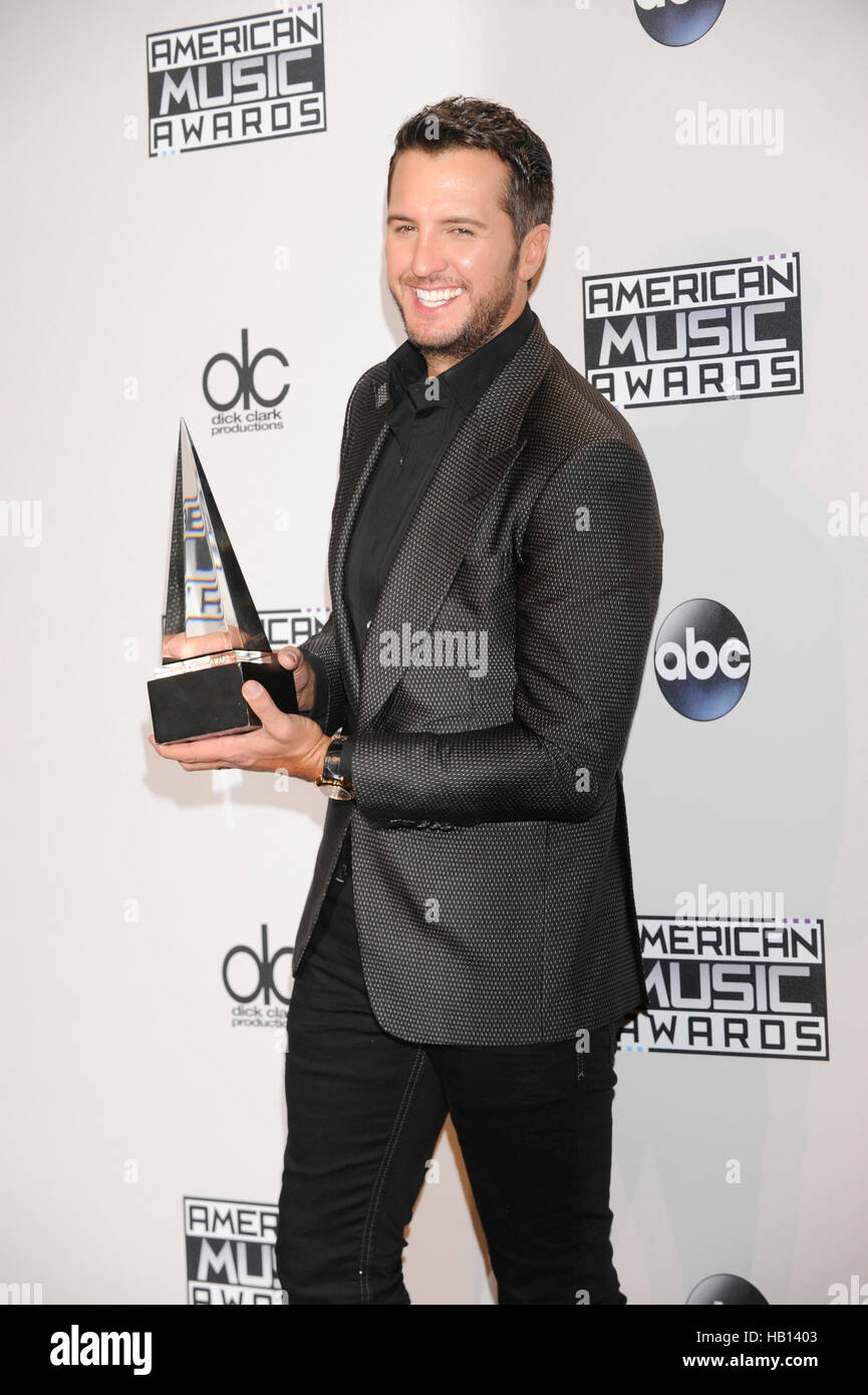 Singer Luke Bryan attends the press room for the American Music Awards at Nokia Theatre L.A. Live on November 23, 2014 in Los Angeles, California. Stock Photo