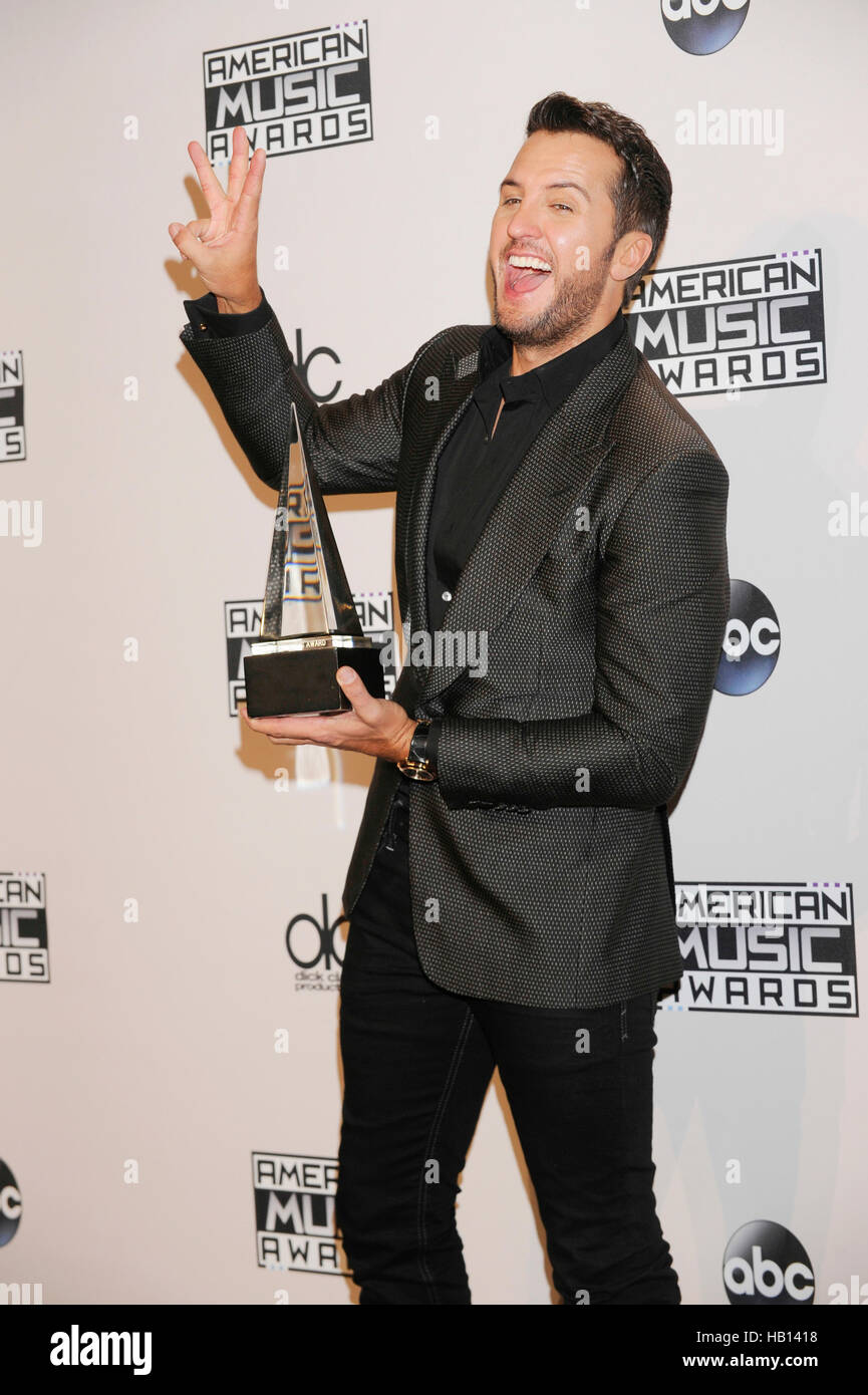 Singer Luke Bryan attends the press room for the American Music Awards at Nokia Theatre L.A. Live on November 23, 2014 in Los Angeles, California. Stock Photo