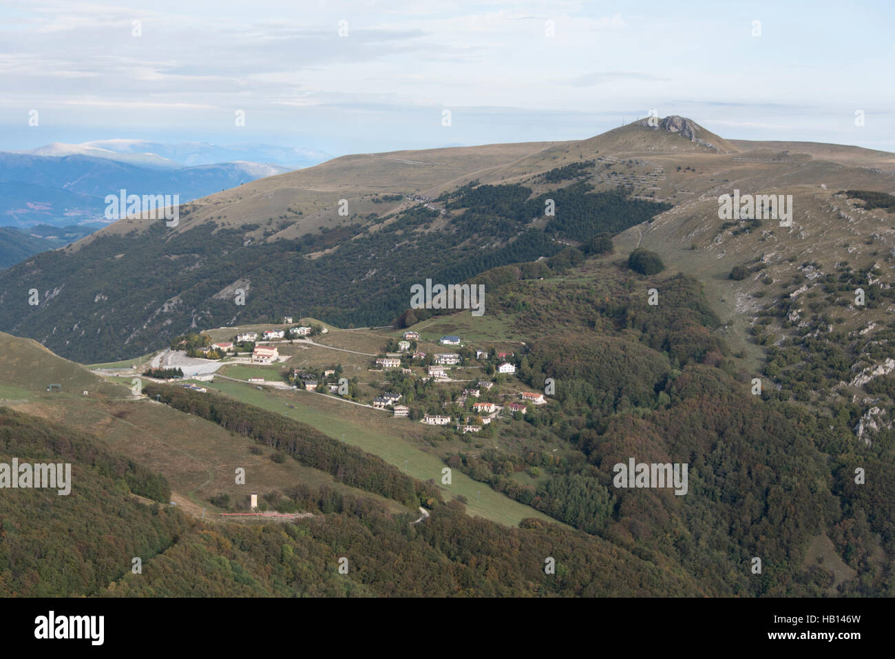 View of Pintura a small skiing village high in the Sibillini Mountains. Stock Photo