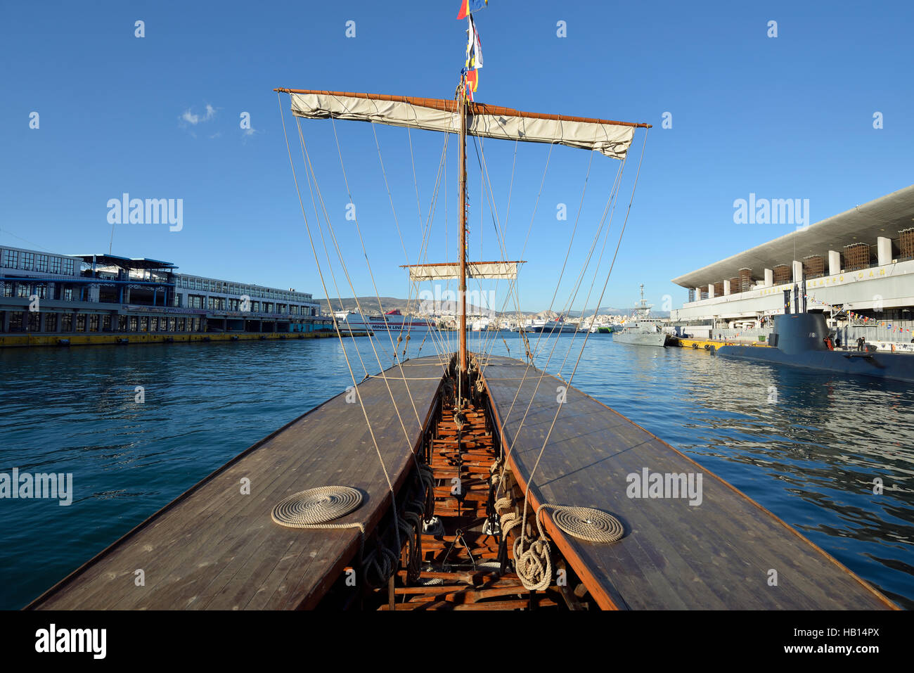 Ancient trireme 'Olympias' in port of Piraeus, Athens, Greece Stock Photo