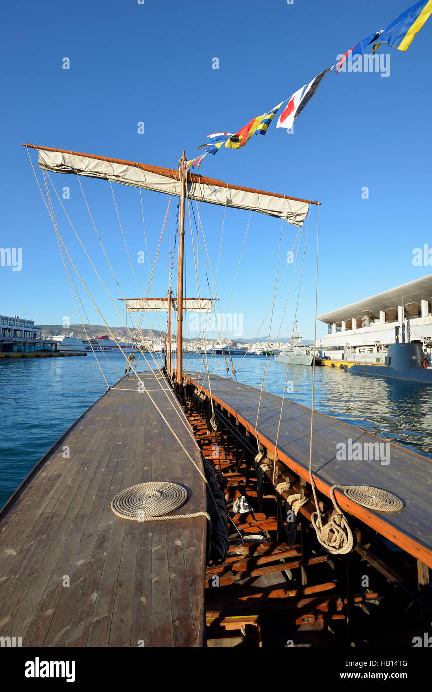 Ancient trireme 'Olympias' in port of Piraeus, Athens, Greece Stock Photo
