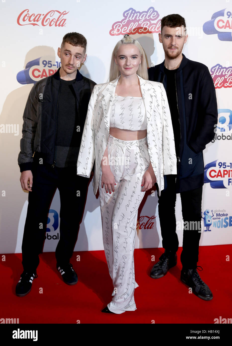(left to right) Jack Patterson, Grace Chatto and Luke Patterson of Clean Bandit during Capital's Jingle Bell Ball with Coca-Cola at London's O2 arena. PRESS ASSOCIATION Photo. Picture date: Saturday 3rd December 2016. Photo credit should read: Daniel Leal-Olivas/PA Wire Stock Photo