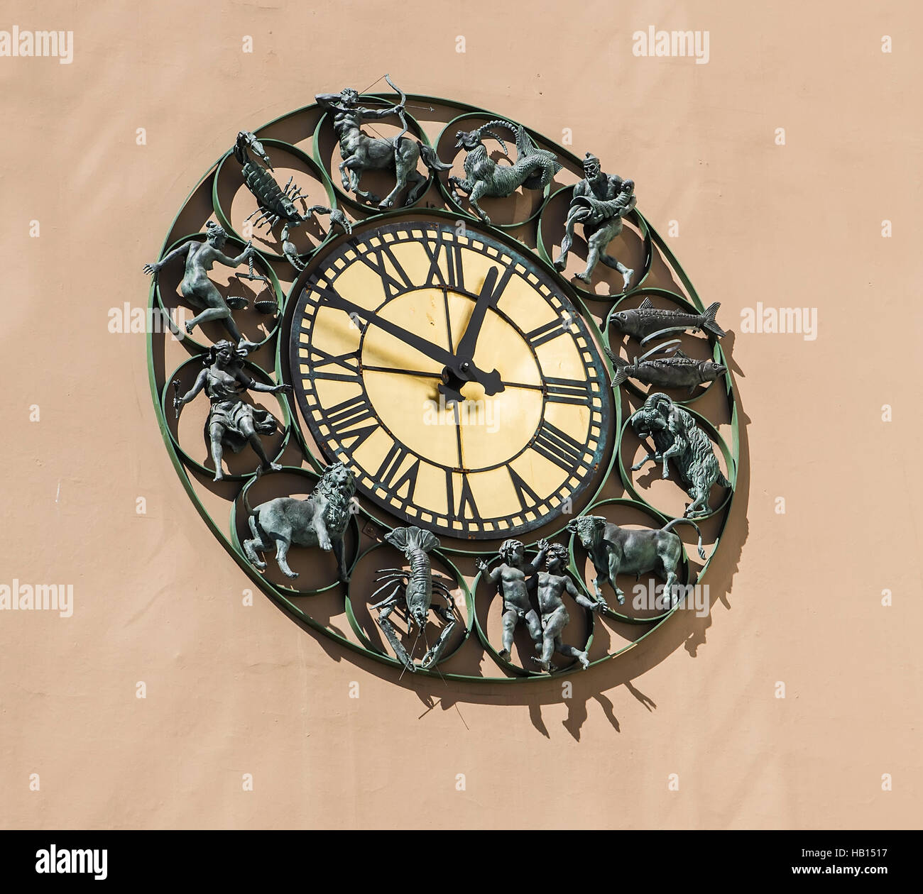 Wall clock with figurines zodiac signs. Oslo. Norway Stock Photo