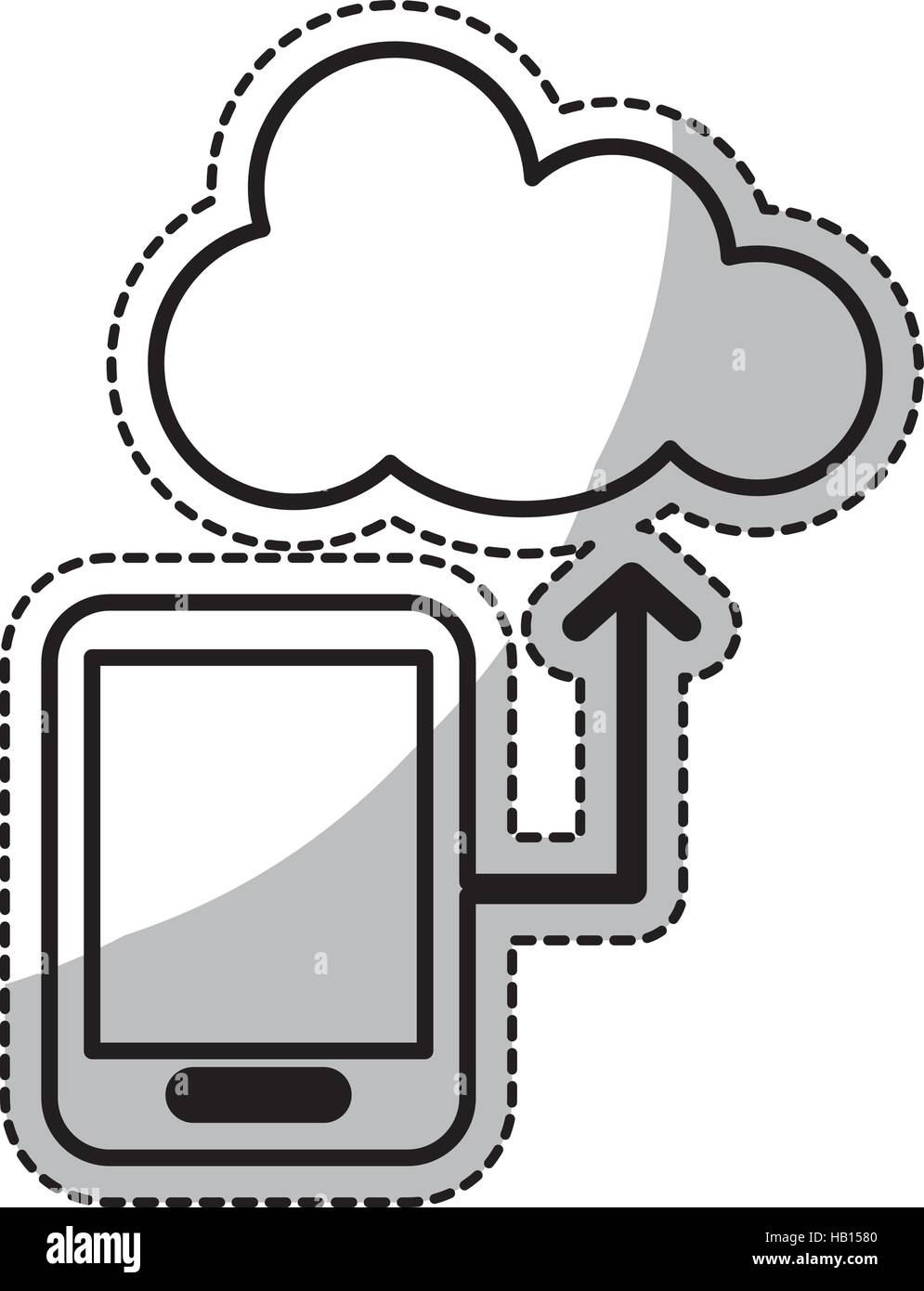 silhouette of smartphone with upload arrow and cloud storage icon over ...