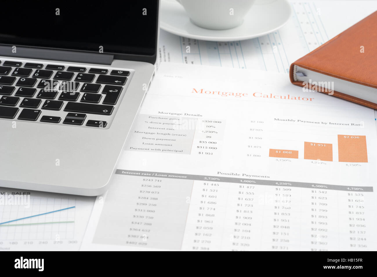 Mortgage calculator reports, laptop and coffee Stock Photo
