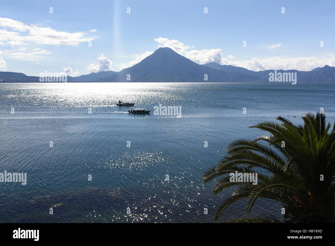 Guatemala, Lago Atitlan - palm tree in foreground, two boats in middleground, volcano in background. Sunny, few clouds Stock Photo