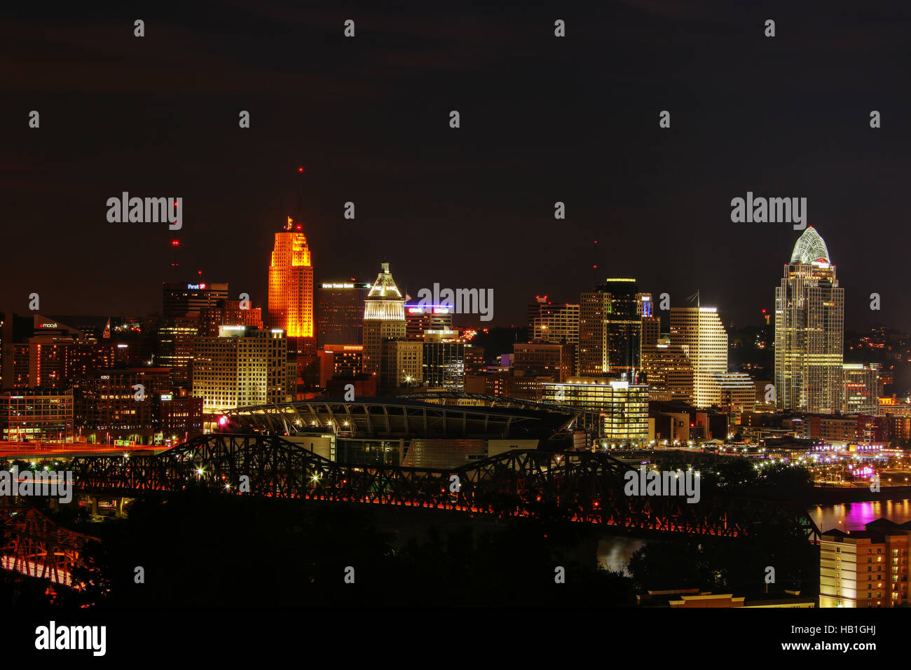 Skyline of Cincinnati, Ohio. Photo from Devou Park, Covington, Kentucky, USA. Stock Photo