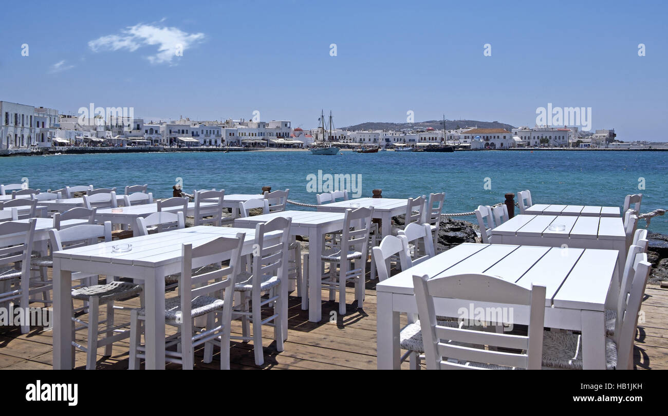 Restaurant on the harbor, Mykonos Stock Photo