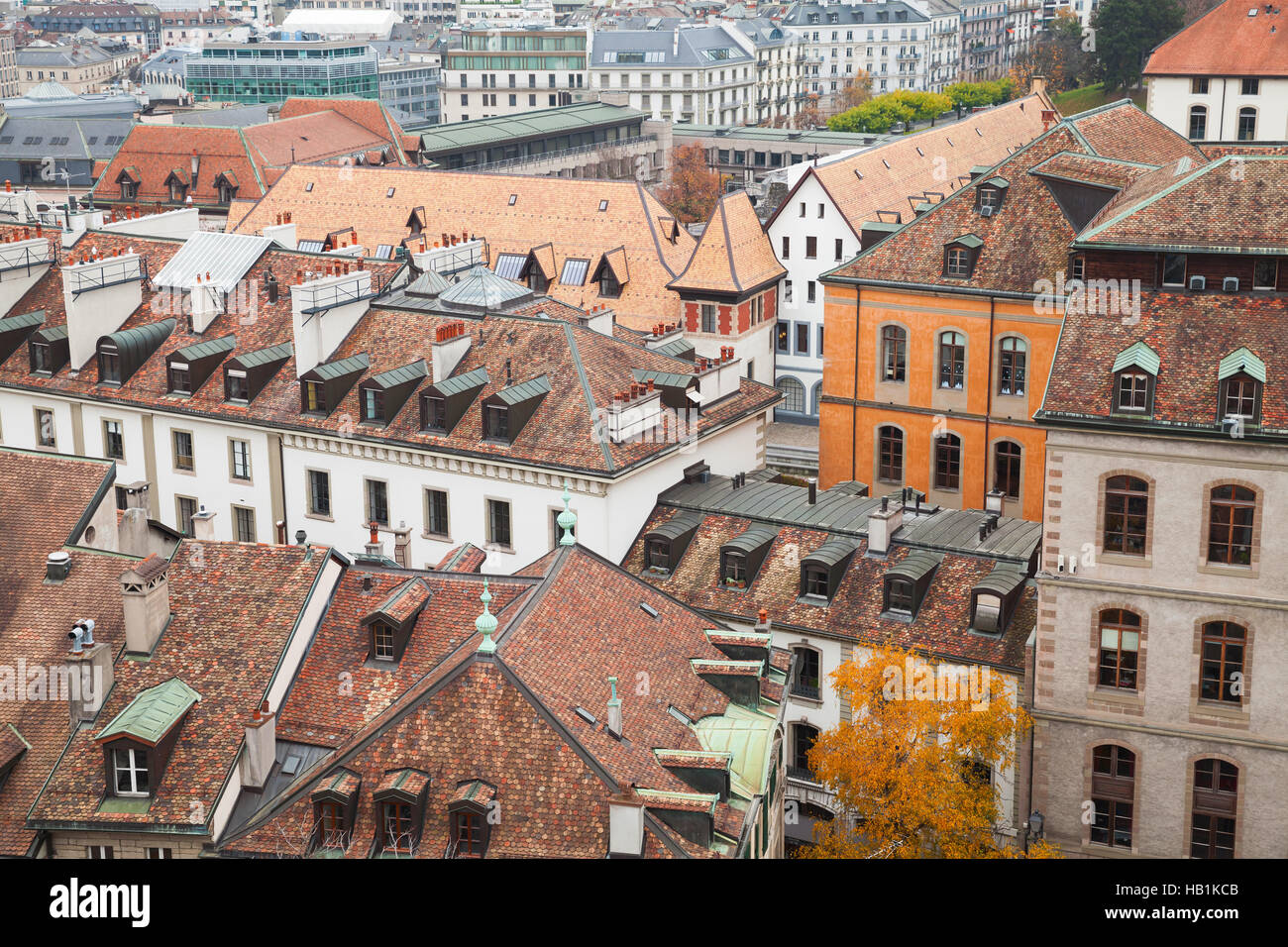 Geneva city, Switzerland. Cityscape with old living houses in old central area, photo taken from St. Pierre Cathedral viewpoint Stock Photo