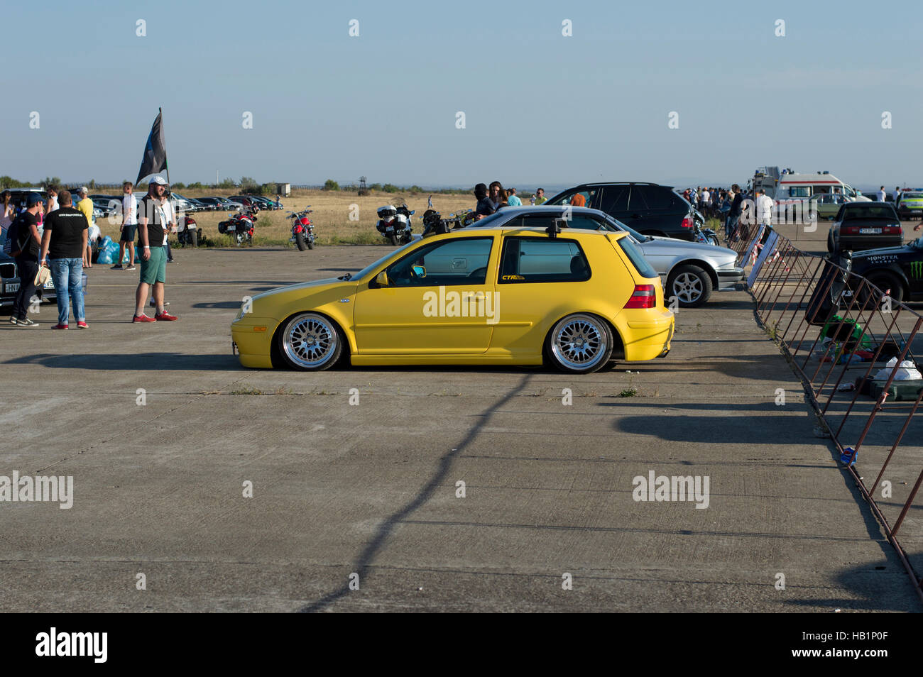 the yellow tuning car on a show on Resinge's Drags Stock Photo
