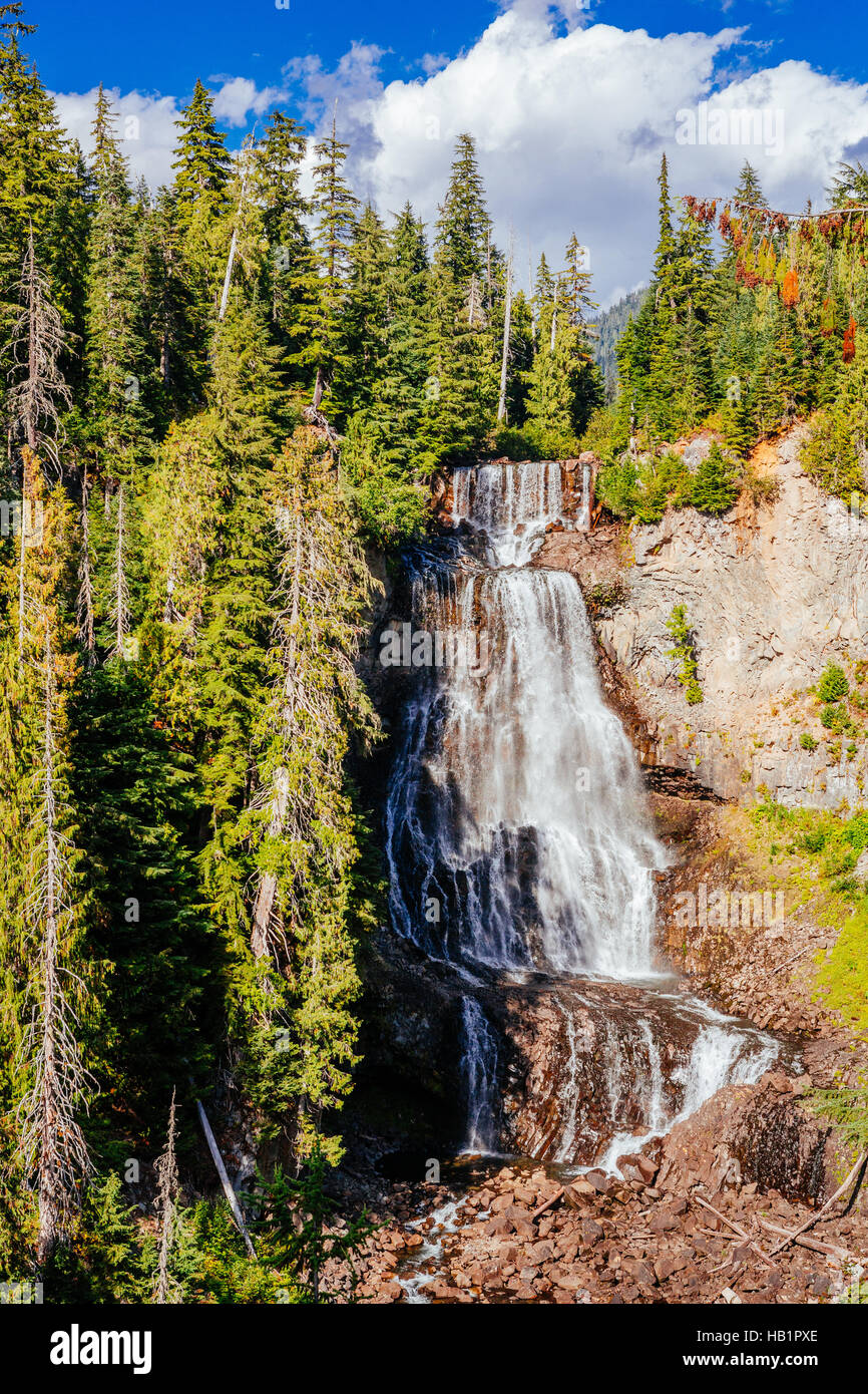 Alexander Falls is a waterfall on Madeley Creek, a tributary of Callaghan Creek in the Callaghan Valley area of the Sea to Sky Country of southwestern Stock Photo