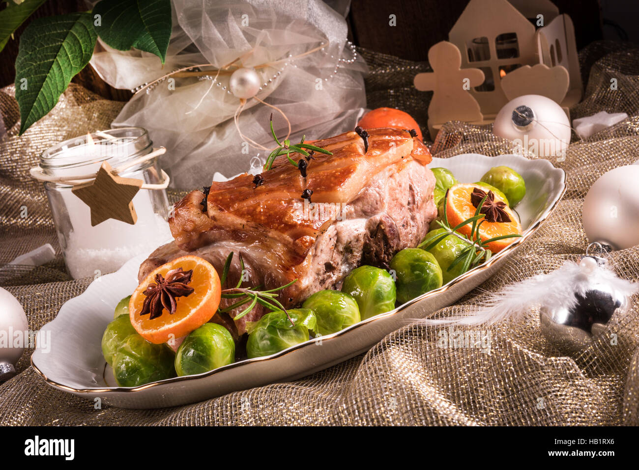 Christmas dinner with brussels sprouts in orange sauce Stock Photo Alamy
