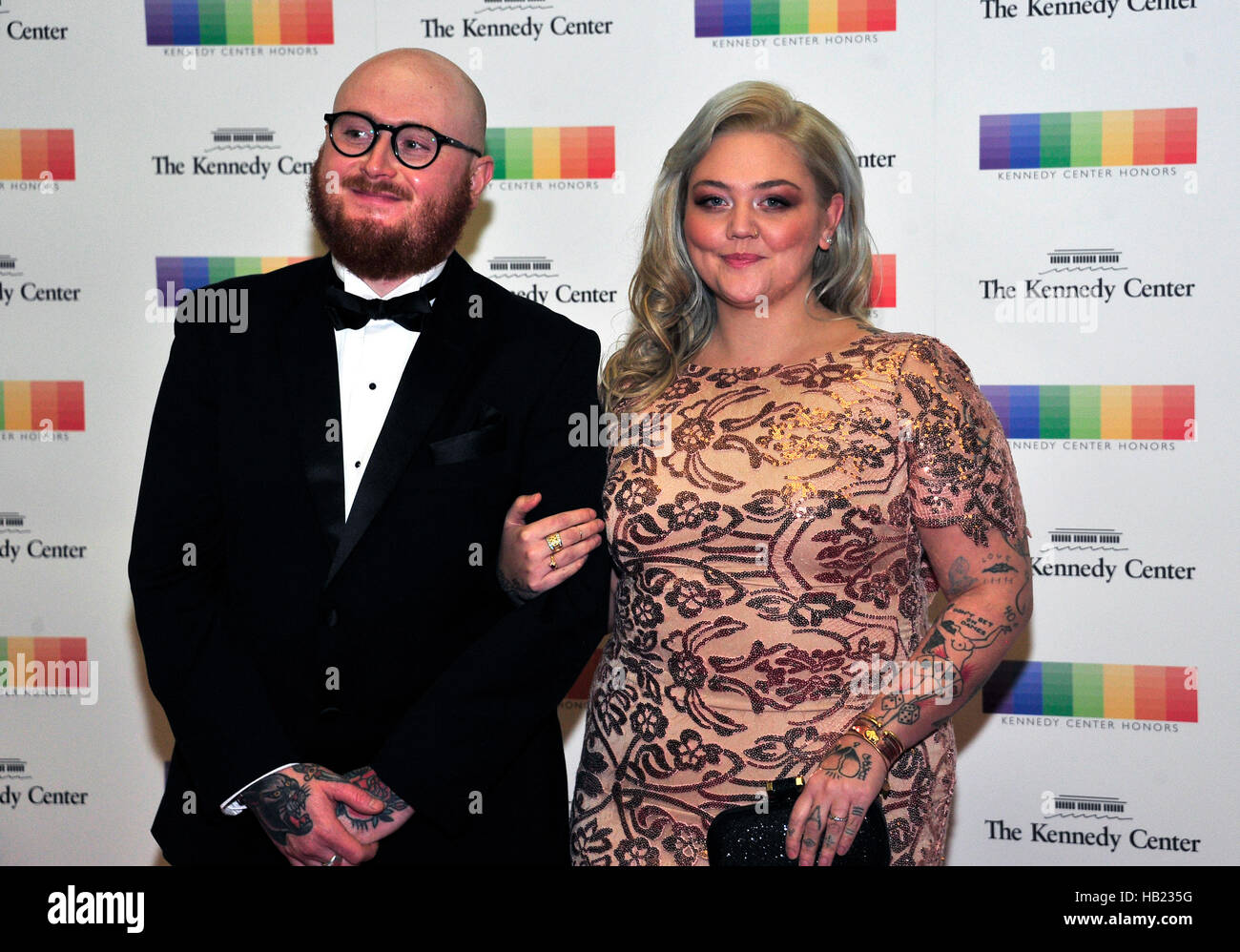 Washington, Us. 03rd Dec, 2016. Singer Elle King and fiance Andrew Ferguson arrive for the formal Artist's Dinner honoring the recipients of the 39th Annual Kennedy Center Honors hosted by United States Secretary of State John F. Kerry at the U.S. Department of State in Washington, DC on Saturday, December 3, 2016. The 2016 honorees are: Argentine pianist Martha Argerich; rock band the Eagles; screen and stage actor Al Pacino; gospel and blues singer Mavis Staples; and musician James Taylor. Credit: Ron Sachs/Pool via CNP - NO WIRE SERVICE - Photo: Ron Sachs/Consolidated/dpa/Alamy Live News Stock Photo