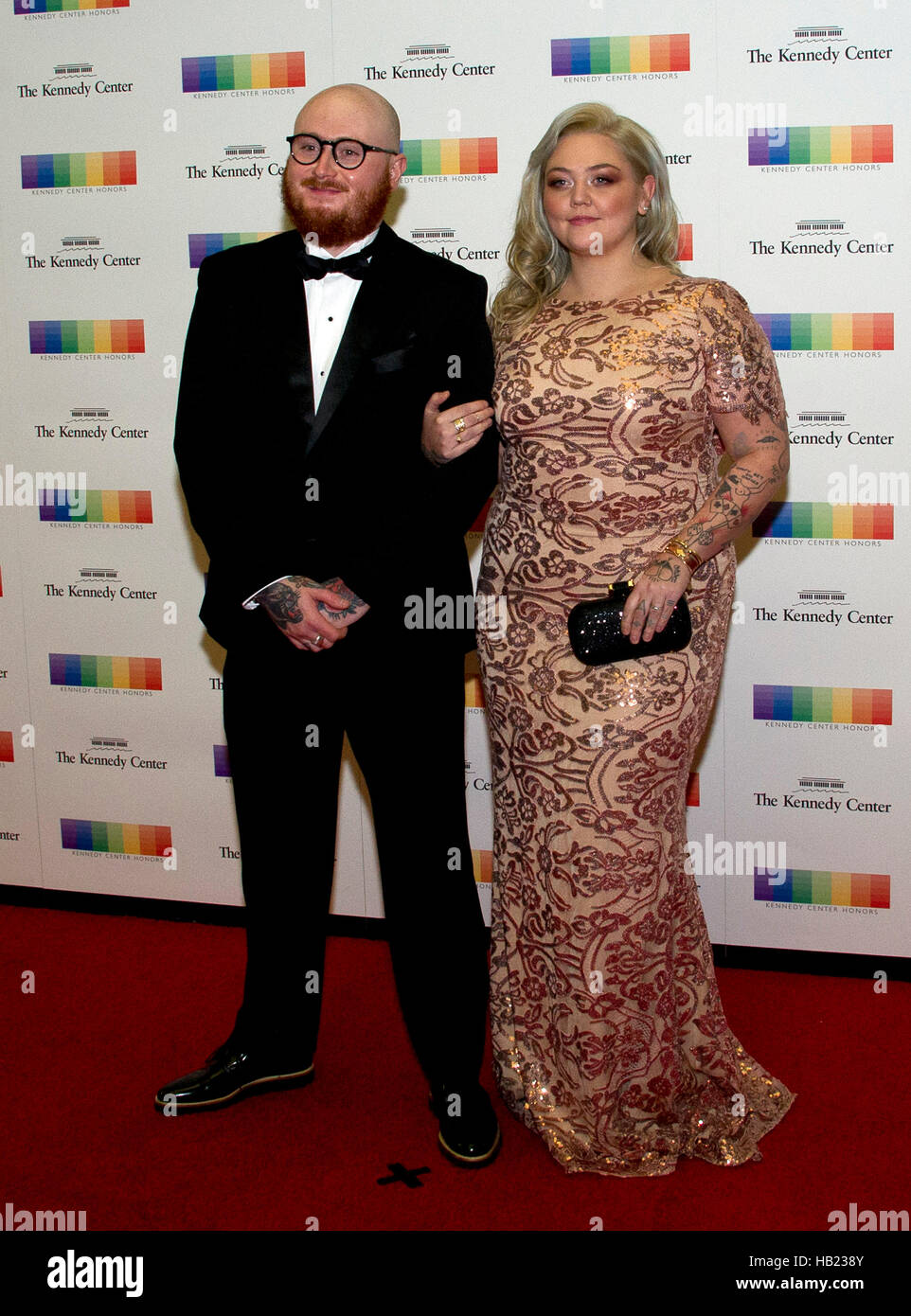 Washington, Us. 03rd Dec, 2016. Singer Elle King and fiance Andrew Ferguson arrive for the formal Artist's Dinner honoring the recipients of the 39th Annual Kennedy Center Honors hosted by United States Secretary of State John F. Kerry at the U.S. Department of State in Washington, DC on Saturday, December 3, 2016. The 2016 honorees are: Argentine pianist Martha Argerich; rock band the Eagles; screen and stage actor Al Pacino; gospel and blues singer Mavis Staples; and musician James Taylor. Credit: Ron Sachs/Pool via CNP - NO WIRE SERVICE - Photo: Ron Sachs/Consolidated/dpa/Alamy Live News Stock Photo