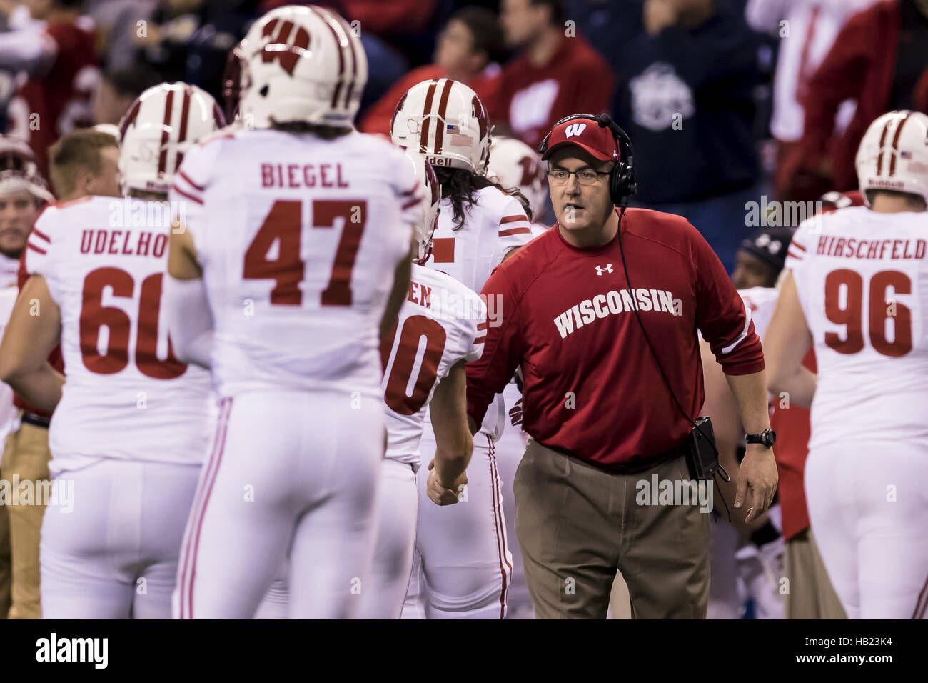 December 3, 2016 - Indianapolis, Indiana, U.S - December 3, 2016 - Indianapolis, Indiana - Wisconsin Badgers head coach Paul Chryst celebrates after Wisconsin Badgers running back Corey Clement (6) scores a touchdown in the first half during the Big Ten Championship game between Penn State Nittany Lions and Wisconsin Badgers at Lucas Oil Stadium. (Credit Image: © Scott Taetsch via ZUMA Wire) Stock Photo