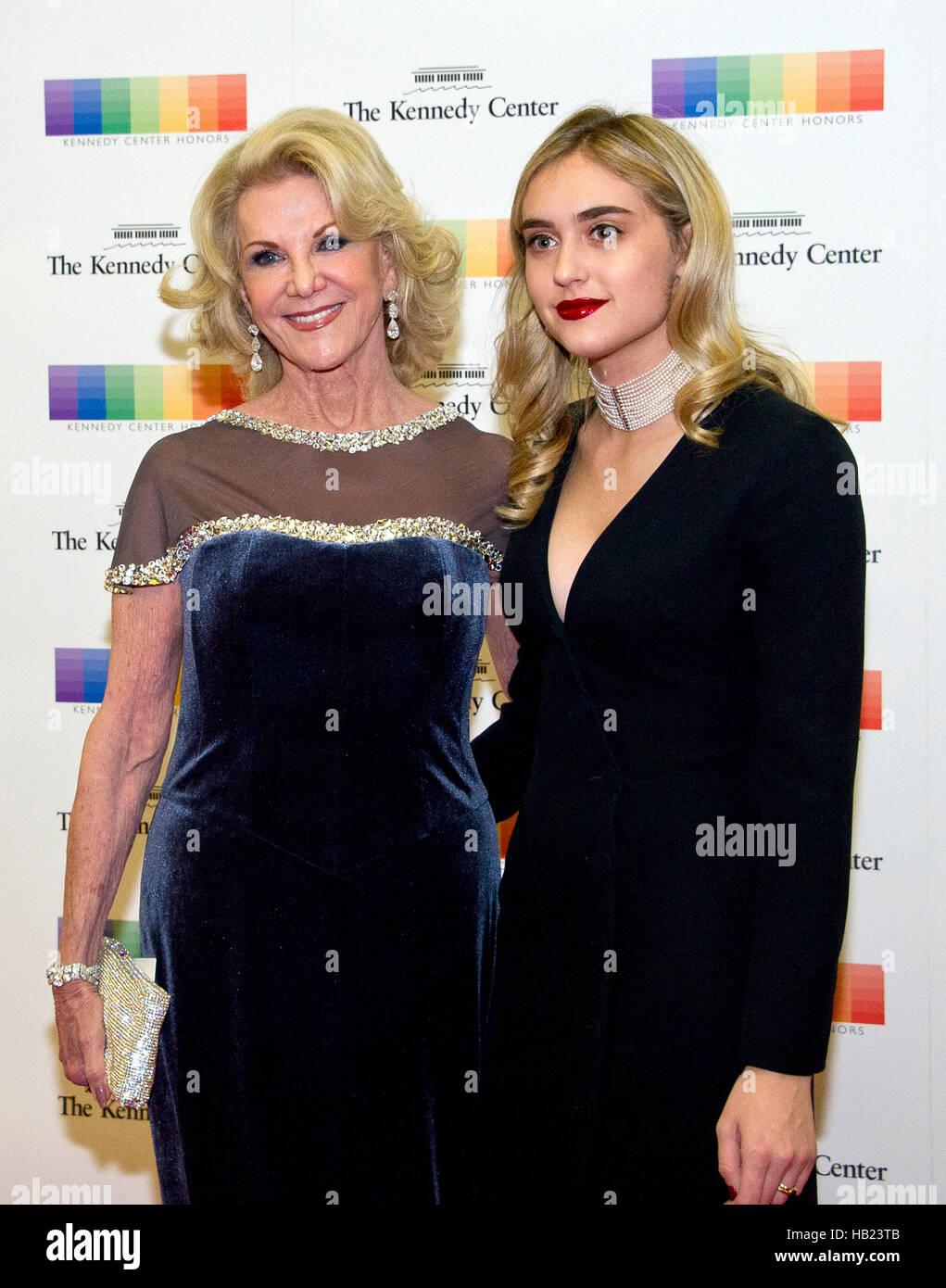 Washington DC, USA. 3rd Dec, 2016. Elaine Wynn, left, and guest arrive for the formal Artist's Dinner honoring the recipients of the 39th Annual Kennedy Center Honors hosted by United States Secretary of State John F. Kerry at the U.S. Department of State in Washington, DC on Saturday, December 3, 2016. The 2016 honorees are: Argentine pianist Martha Argerich; rock band the Eagles; screen and stage actor Al Pacino; gospel and blues singer Mavis Staples; and musician James Taylor. Credit:  MediaPunch Inc/Alamy Live News Stock Photo