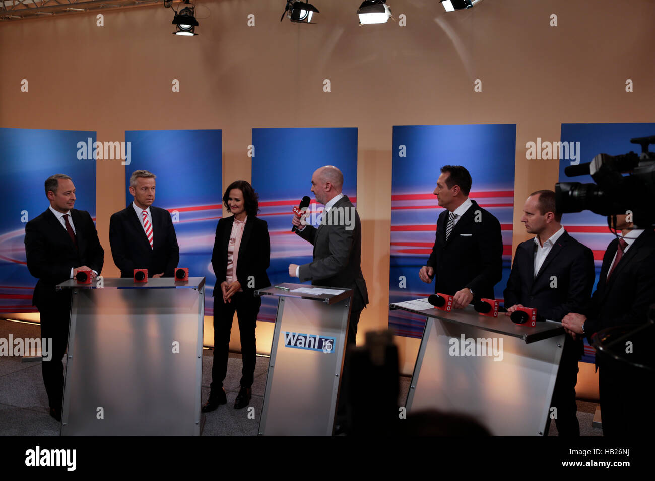 Vienna, Austria. 4th December 2016. Eva Glawischnig-Piesczek, the federal spokeswoman of the Austrian Green party speaks on TV.HC Strache, the Chairman of the Freedom Party of Austria Chairman of the Freedom Party of AustriaReinhold Lopatka, the chairman of the parliamentary party of the Austrian People's Party (ÖVP), talks on TV.Politicians of all parties discuss the Presidential election results on TV. Preliminary results see independent candidate Alexander Van der Bellen as the winner of the Austrian Presidential elections. He and loosing candidate Norbert Hofer, as well as politicians from Stock Photo