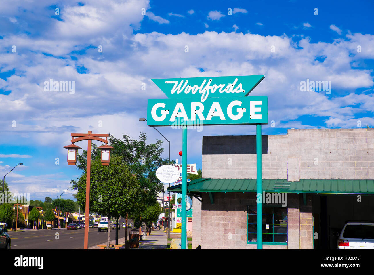 Historic neon sign along the highway advertising a car repair shop. Stock Photo