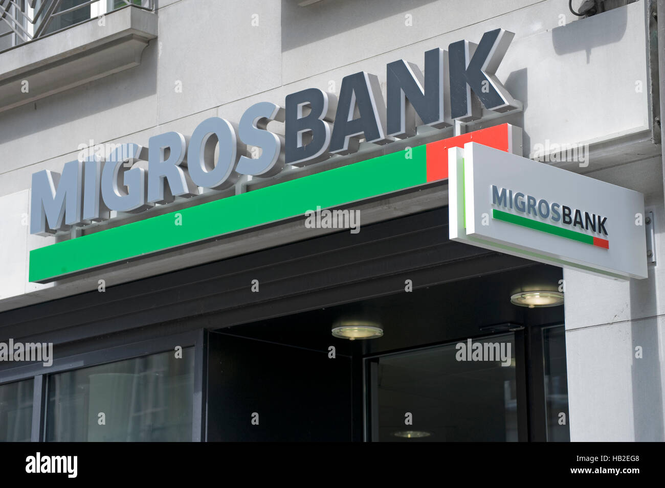 Migros Bank, signage, Berne, Switzerland, Europe Stock Photo