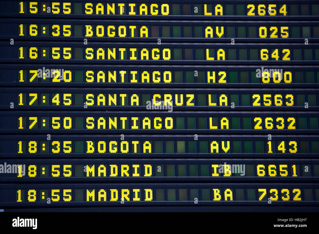 Airport departures board to South American travel destinations Stock Photo