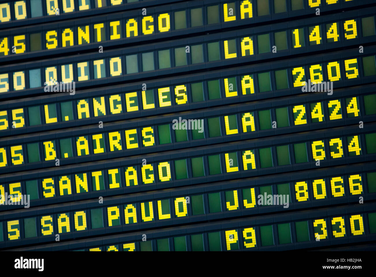 Airport departures board to South American travel destinations Stock Photo