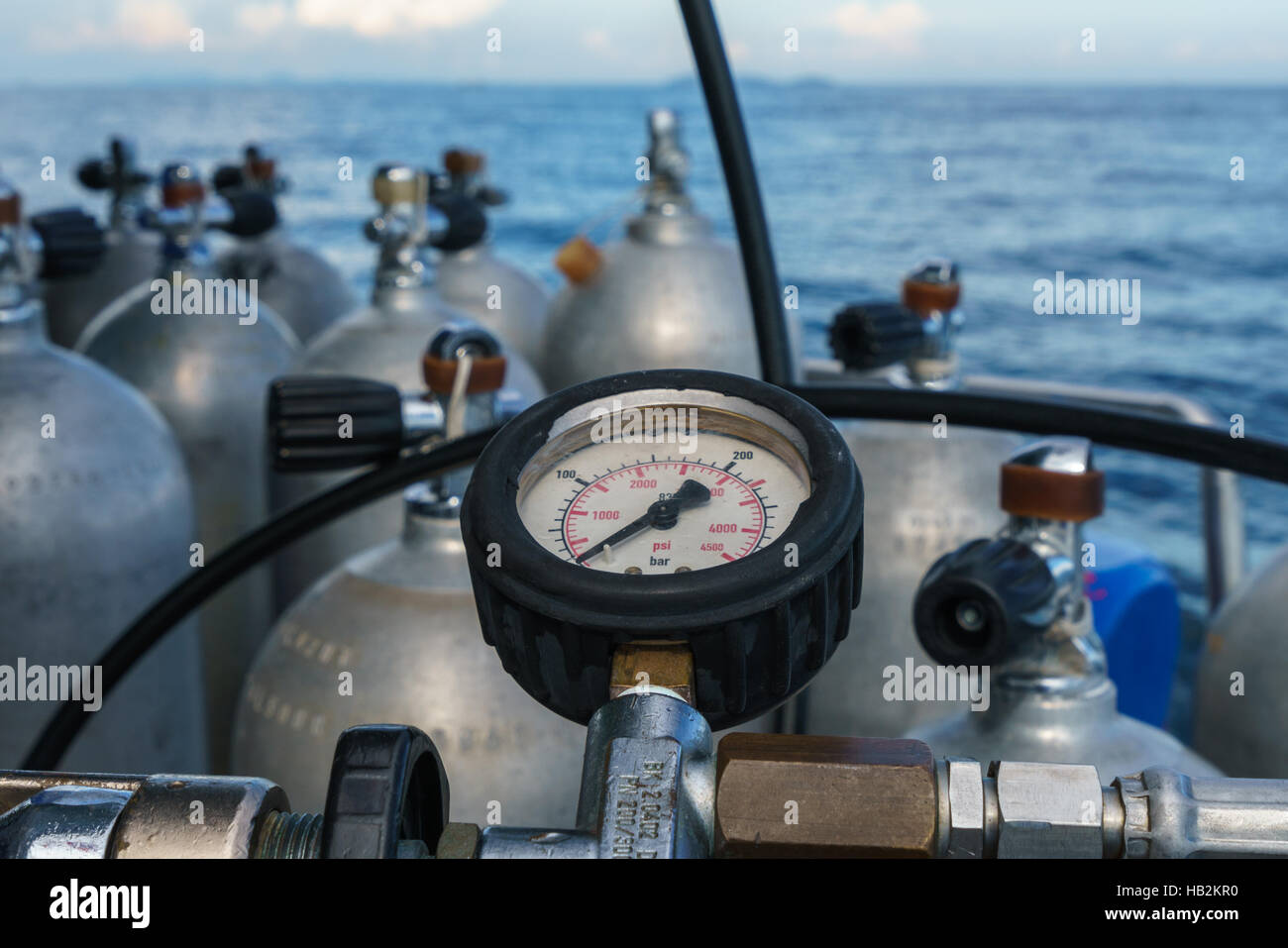 Scuba diving. Pressure meter of oxygen cylinders Stock Photo Alamy