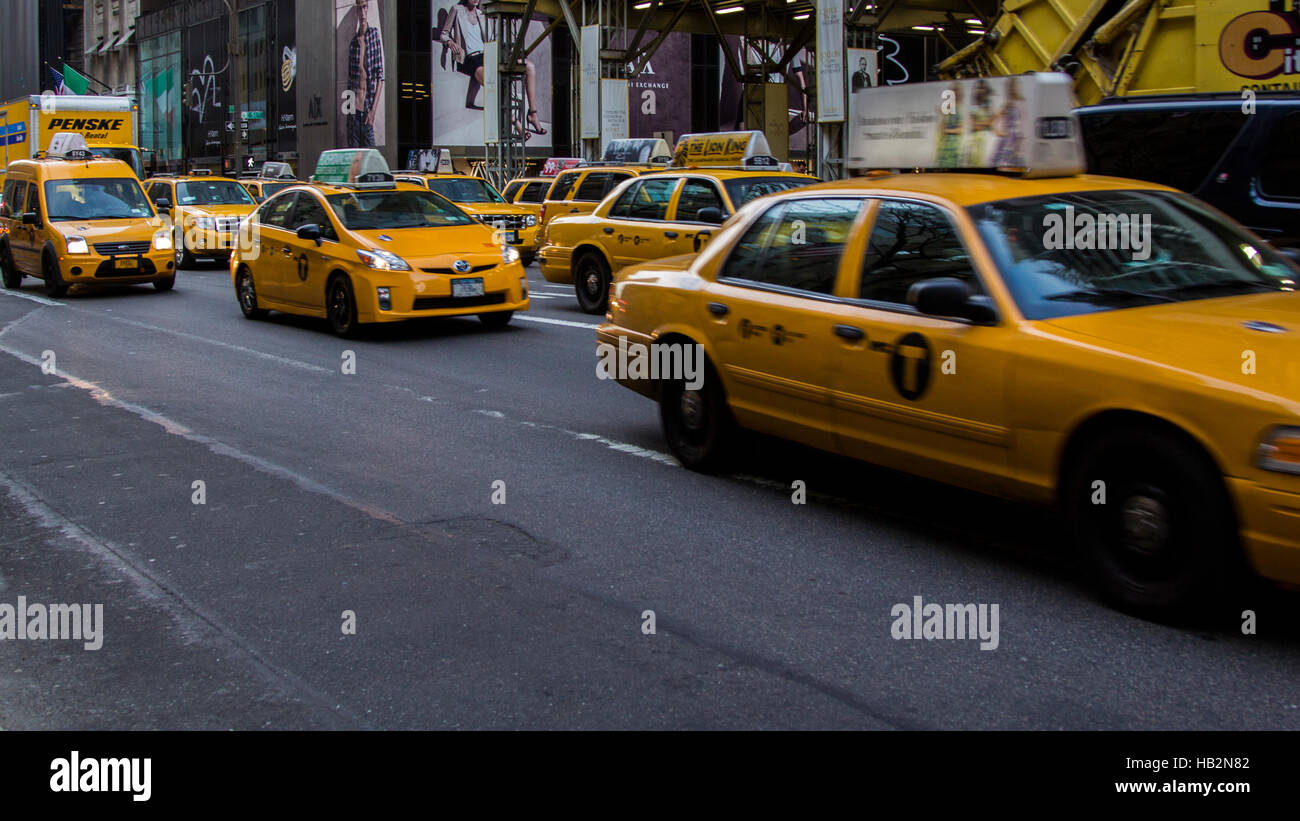 The yellow taxis of New York City during the rush hour. Stock Photo