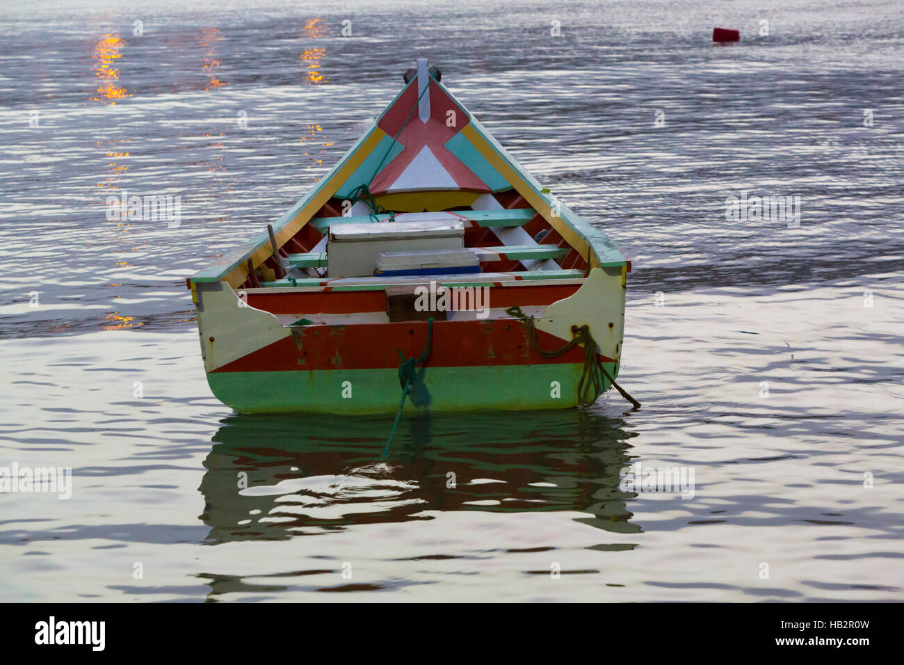 Colorful wooden fisher boat anchored in the bay of Pampatar. Margarita Island. Venezuela 2015 Stock Photo