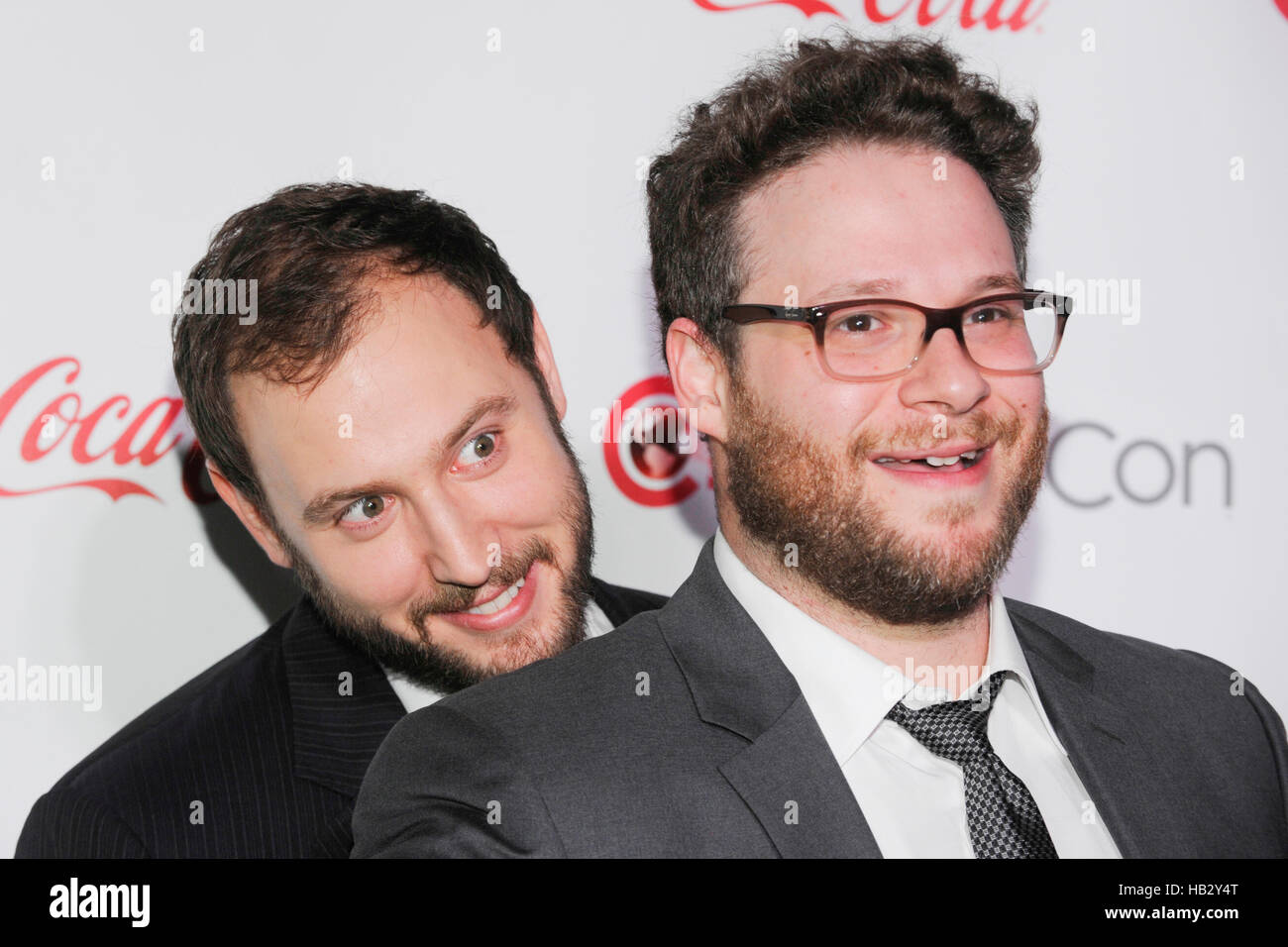 Comedy Filmmakers of the Year award winners Evan Goldberg (L) and Seth Rogen attend The CinemaCon Big Screen Achievement Awards brought to you by The Coca-Cola Company during CinemaCon, the official convention of the National Association of Theatre Owners Stock Photo